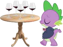 Spike in a tuxedo by a table of red wine glasses